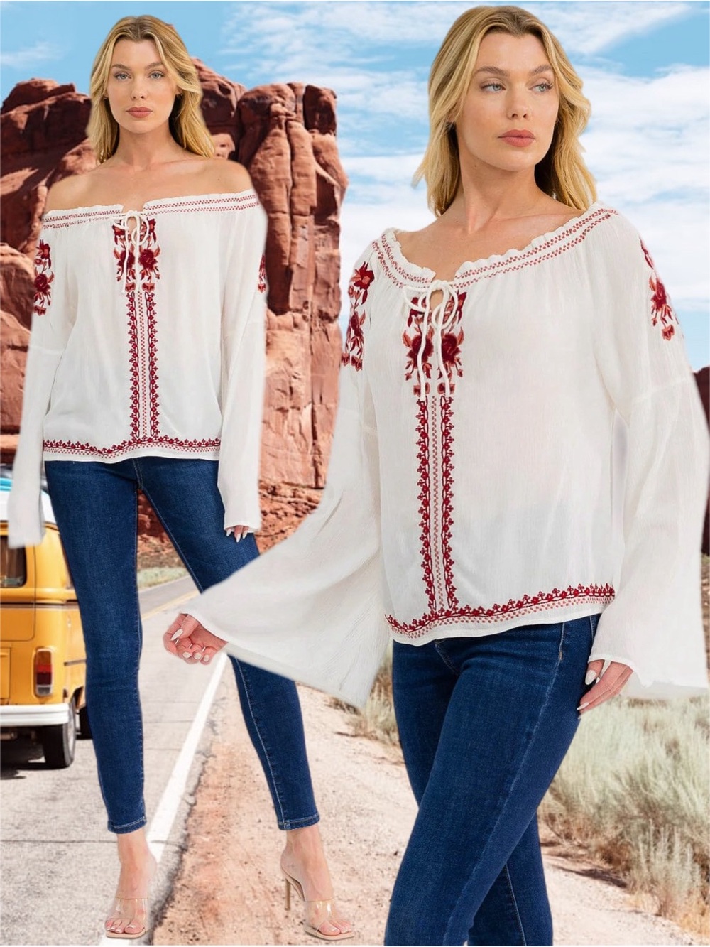 Talori Road Trip Revival Peasant Tunic Top Embroidered Ivory White Red Medium